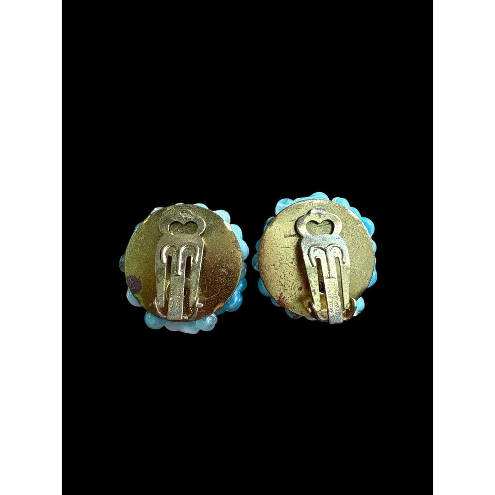 Vintage Germany Blue Glass Flower Cluster Clip On Earrings Mid Century - Picture 2 of 7
